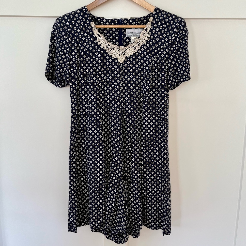 Vintage Navy Blue and White Romper with Lace Neckline